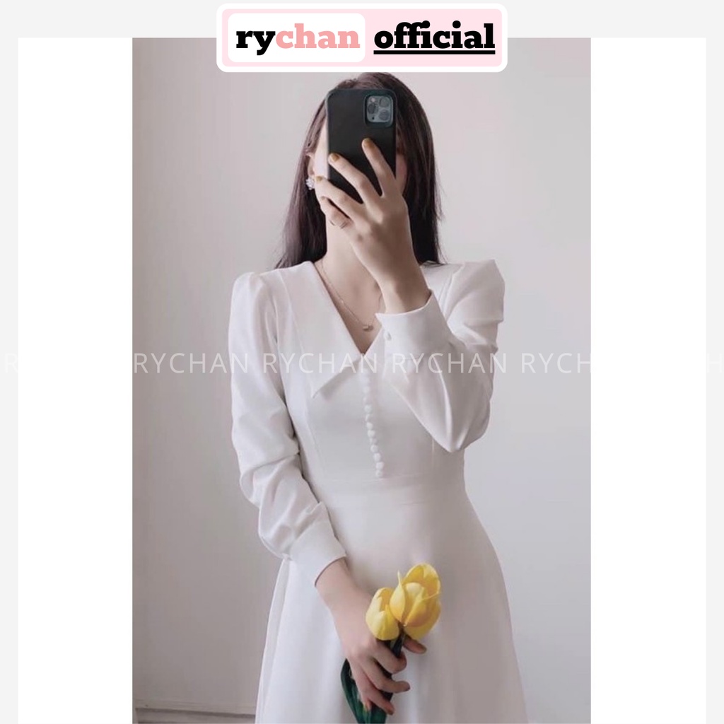Đầm Nữ Dự Tiệc Dáng Dài Cổ Lá Tay Dài Nút Bọc Bo Eo Phong Cách Quý Cô Sang Chảnh Màu Trắng [ẢNH THẬT CUỐI] - DX9834