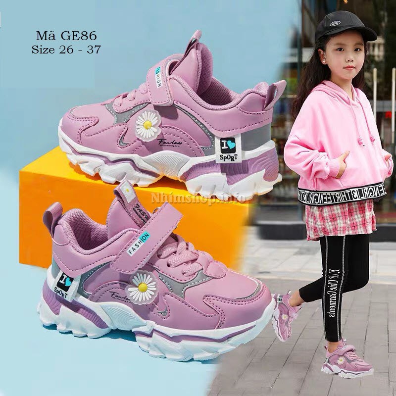 Giày thể thao bé gái dáng sneaker năng động đế Eva siêu nhẹ màu tím họa tiết hoa cúc  cho trẻ em 3 - 12 tuổi GE86