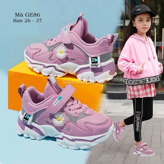 Giày thể thao bé gái NHÍM SHOP xuất khẩu chất da cao cấp êm nhẹ kháng khuẩn màu tím họa tiết hoa cúc thời trang GE86
