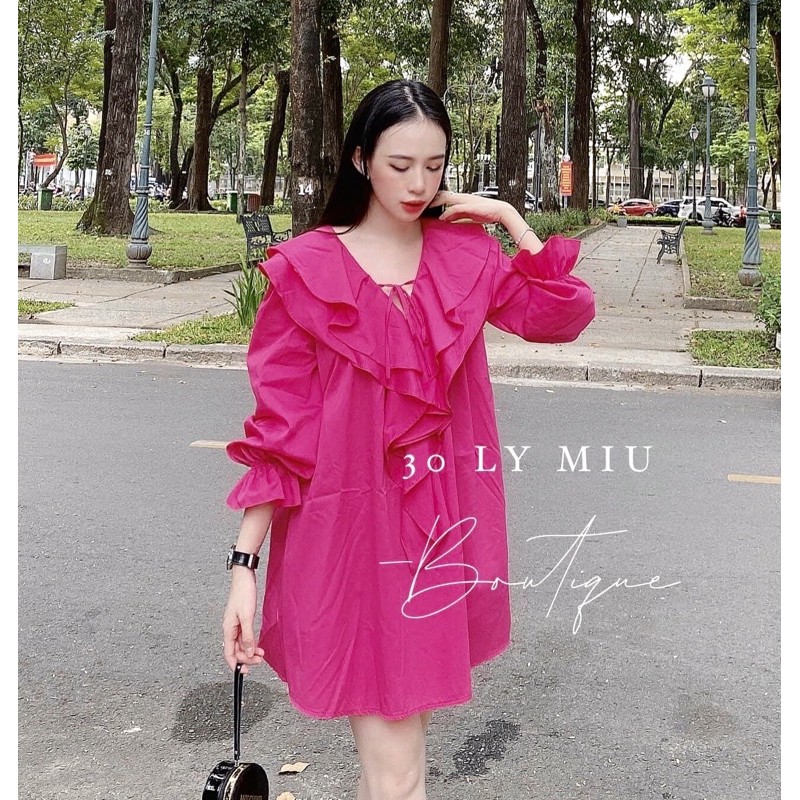 Váy bbdoll hồng phối cổ bèo nơ hàng đẹp chất thô mềm⚡️Ảnh thật | BigBuy360 - bigbuy360.vn
