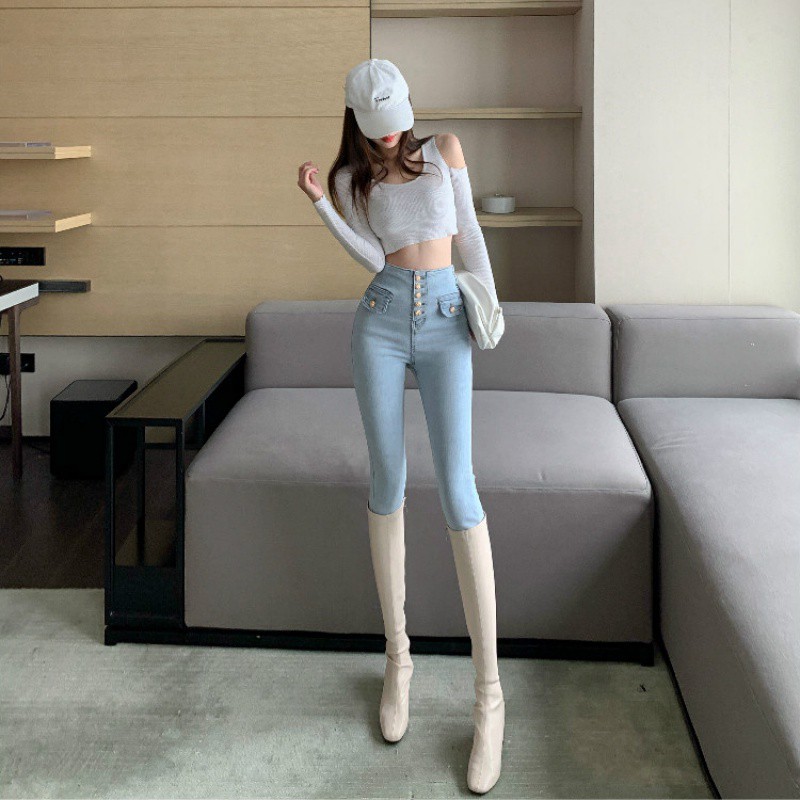 ✨Ready Stock✨Quần jean nữ cạp cao màu xanh nhạt vào mùa xuân và thu năm 2021 độ co giãn mới skinny bó sát hông b