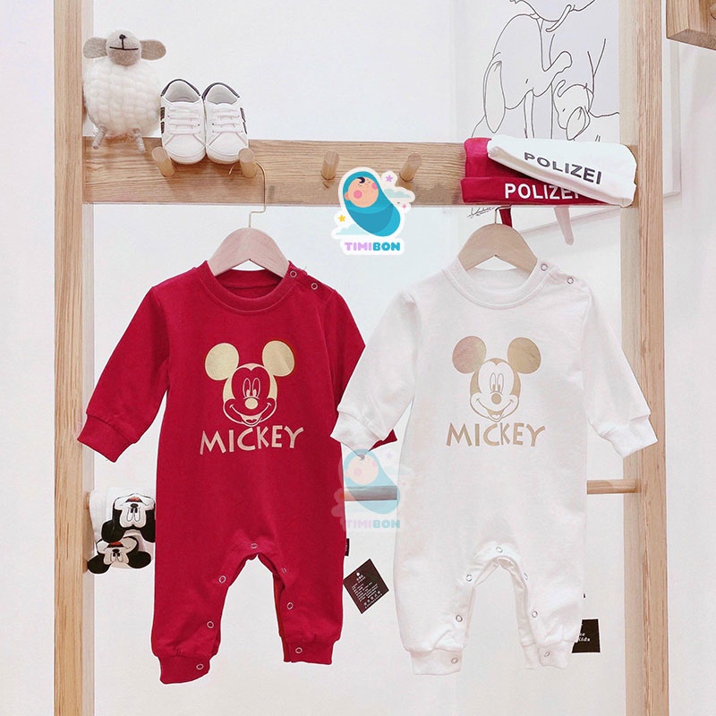 Quần Áo Trẻ Em Sơ Sinh Body Mickey Dài Tay Kèm Mũ Cho Bé Trai Bé Gái Chất Cotton [BDD19]