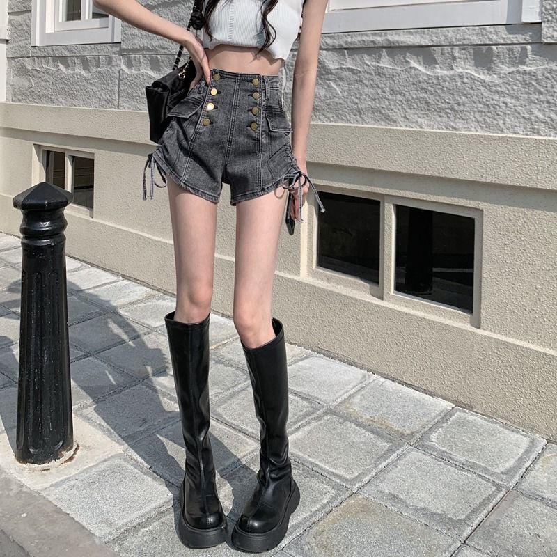 Jiashucheng Quần Short Denim Eo Cao Co Giãn Phối Dây Rút Phong Cách Mới Mùa Hè Cho Nữ