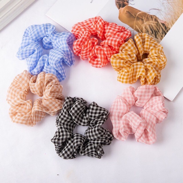 Chun cột tóc Scrunchies caro voan nhiều mầu