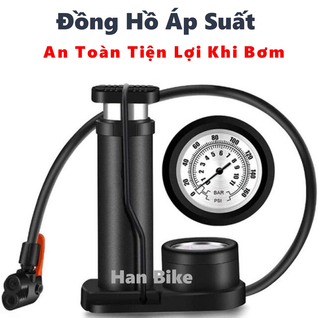 Bơm Xe Máy - Bơm Xe Đạp Đạp Chân Có Đồng Hồ Đo Áp Suất 160 PSI Nhỏ Gọn Chất Liệu Hợp Kim Nhôm Cao Cấp