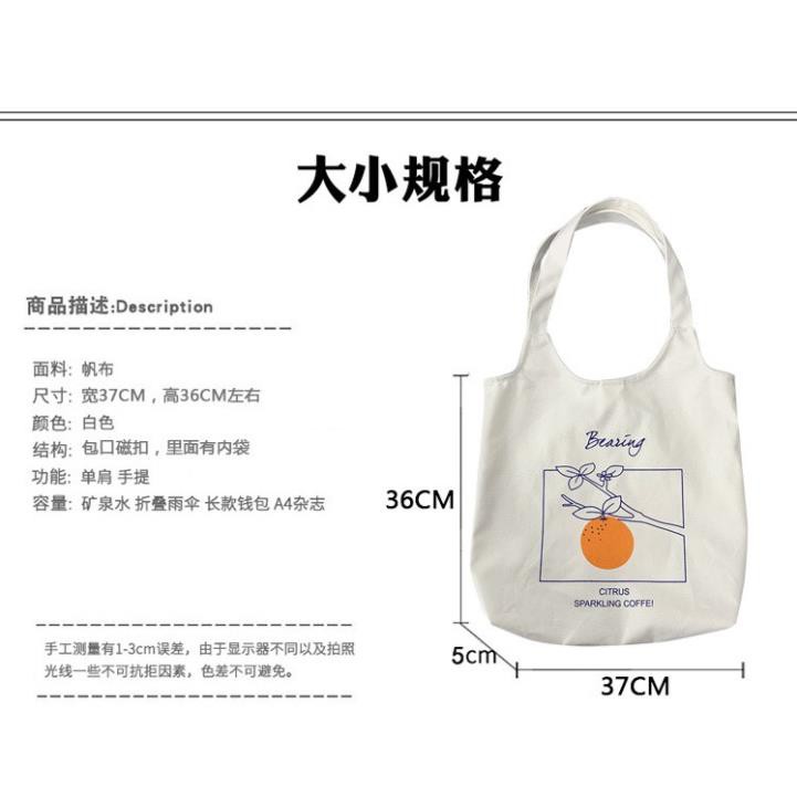 Túi vải canvas đeo vai mới trái cam, trái đào phong cách Nhật Bản