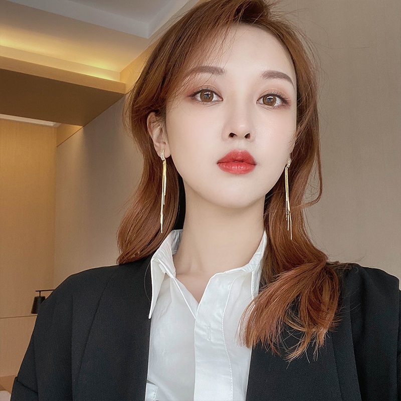 Bông Tai Mạ Bạc 925 Dáng Dài Phối Tua Rua Đính Đá Phong Cách Âu Mỹ