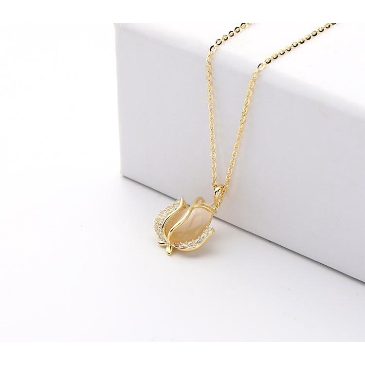Vòng cổ Mặt Hình Hoa tulip Mắt Mèo Đính Đá zircon Thời Trang Thanh Lịch Cho Nữ