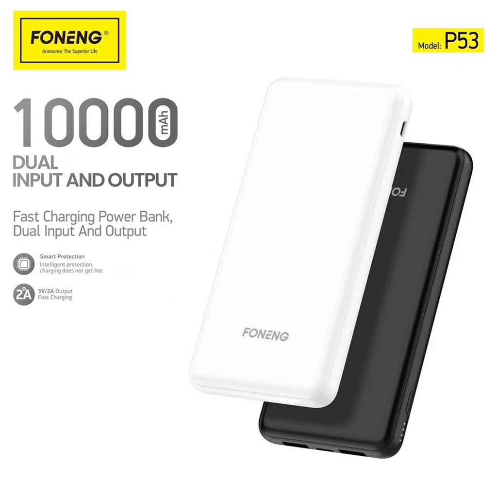 Sạc Dự Phòng 10000mAh FONENG P53 2 Cổng ra USB và 2 Cổng vào Micro,Type-C - Bảo hành 12 tháng