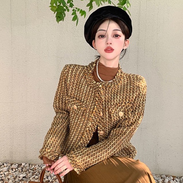 Áo khoác tay dài cổ tròn form rộng phong cách Retro cho nữ