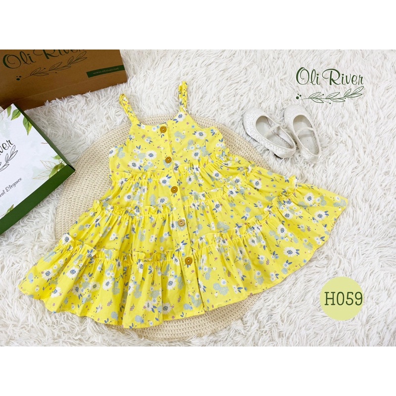 Đầm thô cao cấp hai dây olive river xinh xắn cho bé 1-10 tuổi