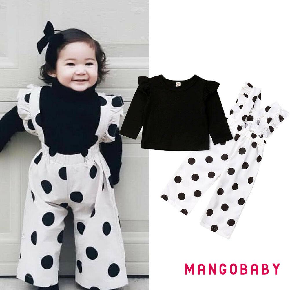 MG-Infant Toddler Baby Girl Outfits Long Sleeve T-Shirt Tops + Ruffle Polka Dots Suspenders Pants 2Pcs Set