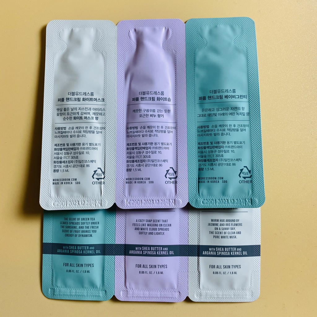 SET Mẫu thử W.DRESSROOM handcream 1.5ml mùi 97,03,11,30*3 gói.