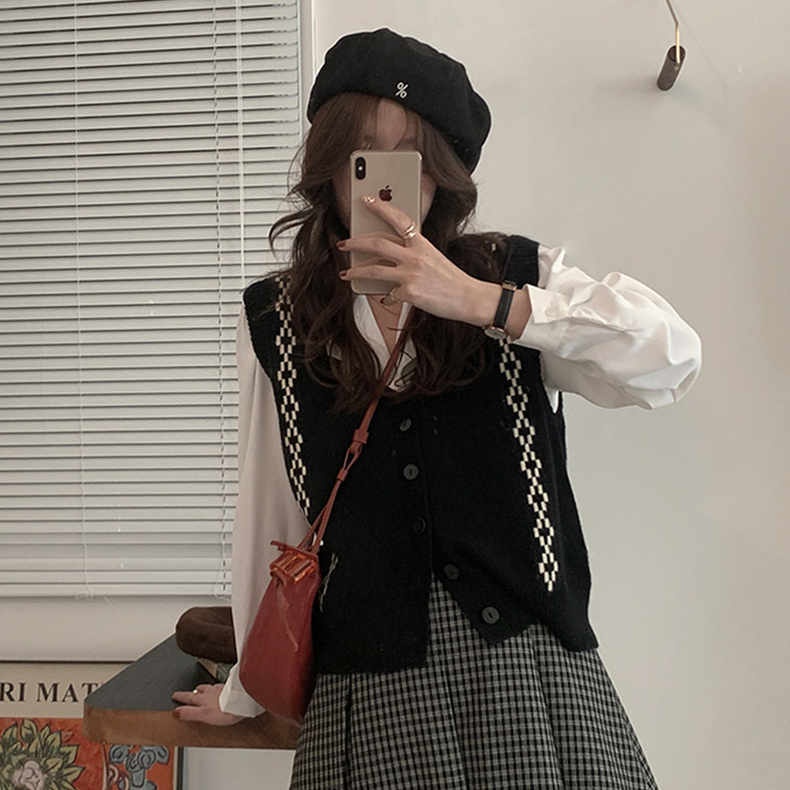 Áo len ZHELIHANGFEI không tay dáng rộng họa tiết kim cương theo phong cách đi học dễ phối đồ