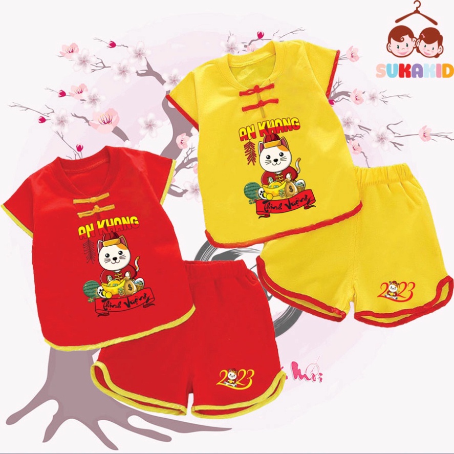 Gía sỉ Combo 2 Bộ quần áo tết hình mèo an khang thịnh vượn bé nút tàu tết bé từ 6kg-29kg.NT08.