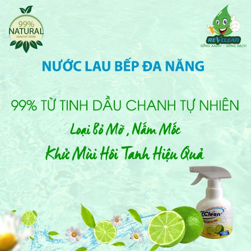 Nước lau bếp hữu cơ tinh dầu chanh ZCLEAN – Tẩy dầu mỡ, khử mùi hôi tanh hiệu quả | An toàn cho da tay