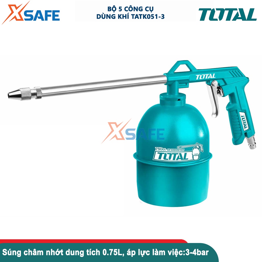 Bộ 5 công cụ dùng khí TOTAL TATK051-3, dụng cụ xịt hơi 5 chi tiết gồm dây hơi PU, súng thổi khí, súng phun sơn, bơm lốp