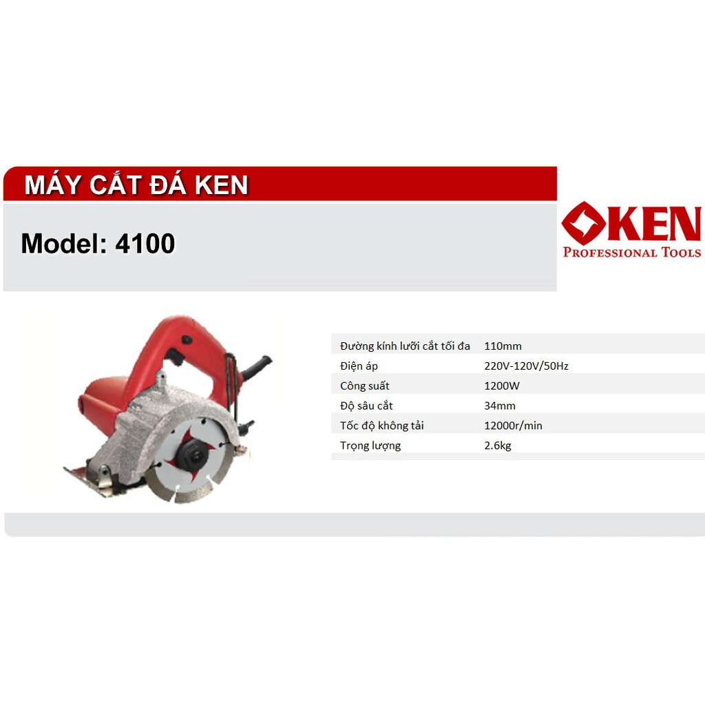 MÁY CẮT GẠCH 110MM-1200W KEN 4100 (KÈM CHỔI THAN,ỐNG DẪN NƯỚC)