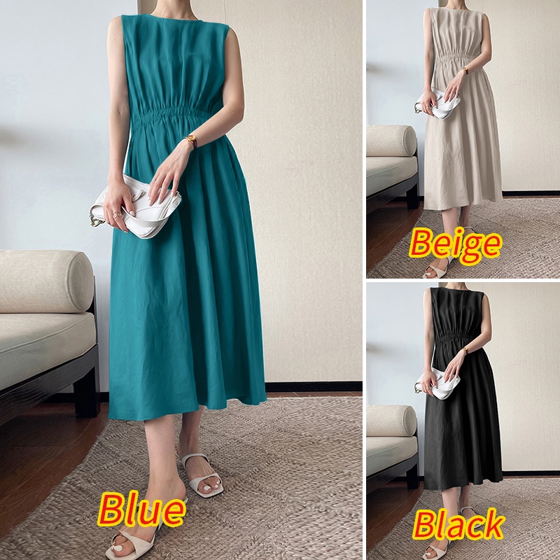 Đầm dài ZANZEA không tay cổ tròn phối dây rút thanh lịch thời trang cho nữ