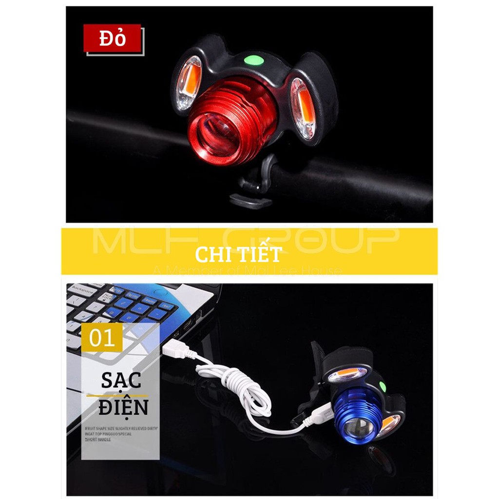 Đèn Đạp, Đèn Pin Xe Đạp T6 Siêu Sáng Gắn Ghi Đông Sạc Điện Micro USB Với 2 Bóng Phụ Màu Đỏ Cảnh Báo An Toàn Ban Đêm MLH