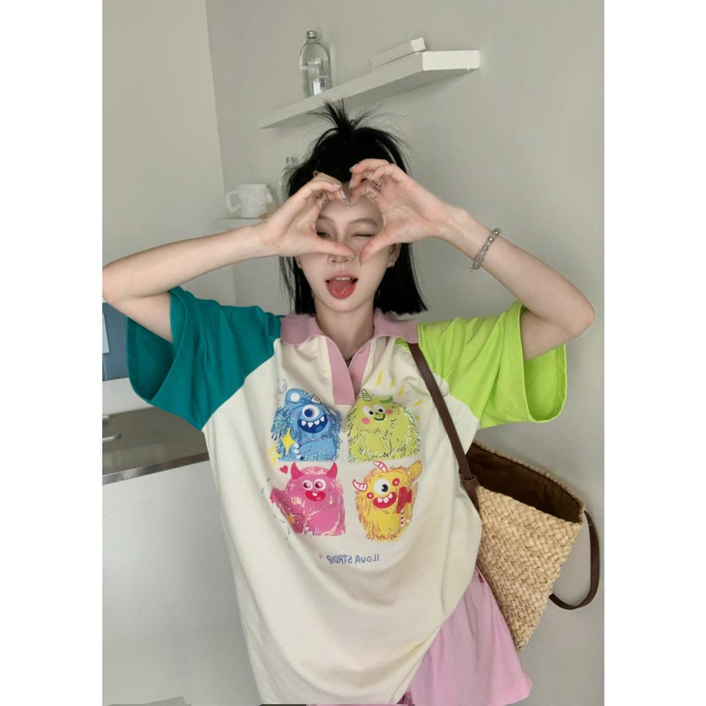 「 WELOVE1 」Áo Thun Cotton Tay Ngắn Raglan In Họa Tiết Hoạt Hình Màu Tương Phản Đa Năng Cho Nữ