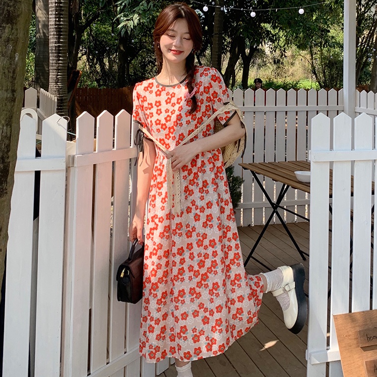 Đầm midi SUXI tay ngắn cổ tròn in họa tiết hoa phong cách cổ điển thời trang mùa hè xinh xắn cho nữ