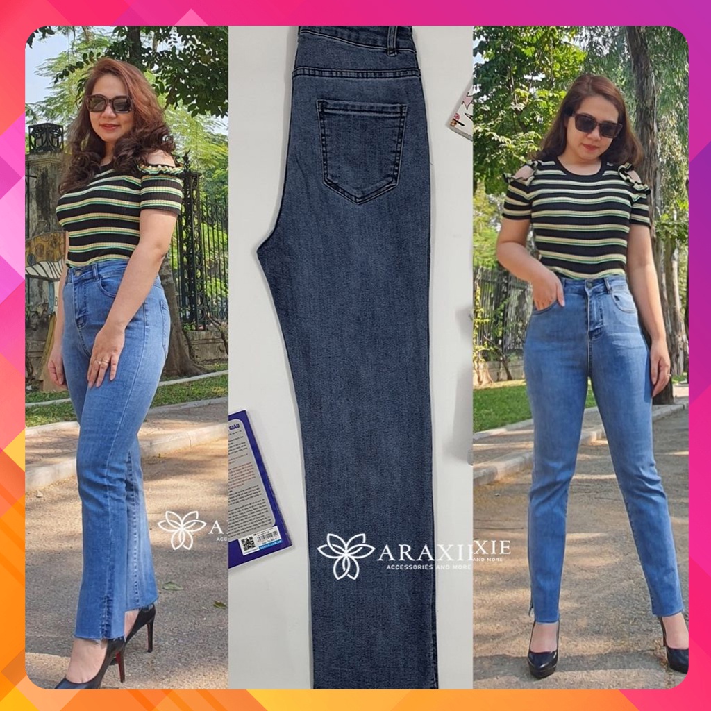 Quần bò nữ ống đứng Araxie quần jeans ống đứng nữ màu xanh xẻ gấu co giãn 4 chiều JAOD05
