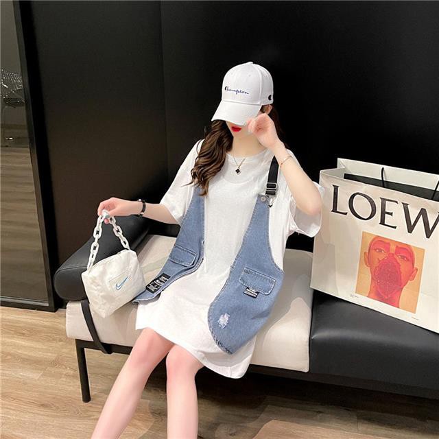 Women's patchwork denim fake two pieces short sleeve T-shirt mid-length summer 2021 New Instafamous design sense large s