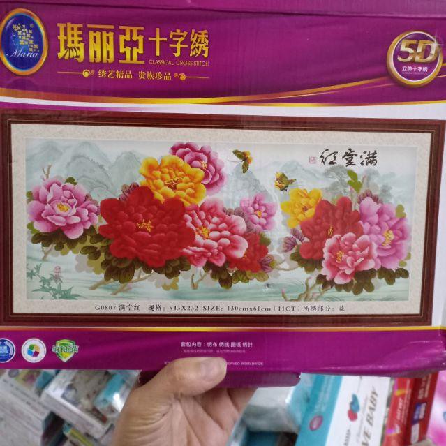 Tranh thêu chữ thập hoa mẫu đơn rất đẹp kt 130*61cm(hình thật)