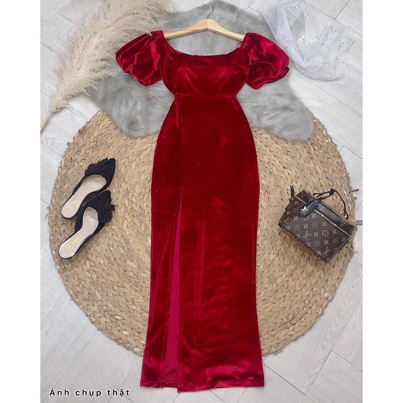 Đầm maxi nhung xẻ đùi tay phồng kèm hình thật | BigBuy360 - bigbuy360.vn