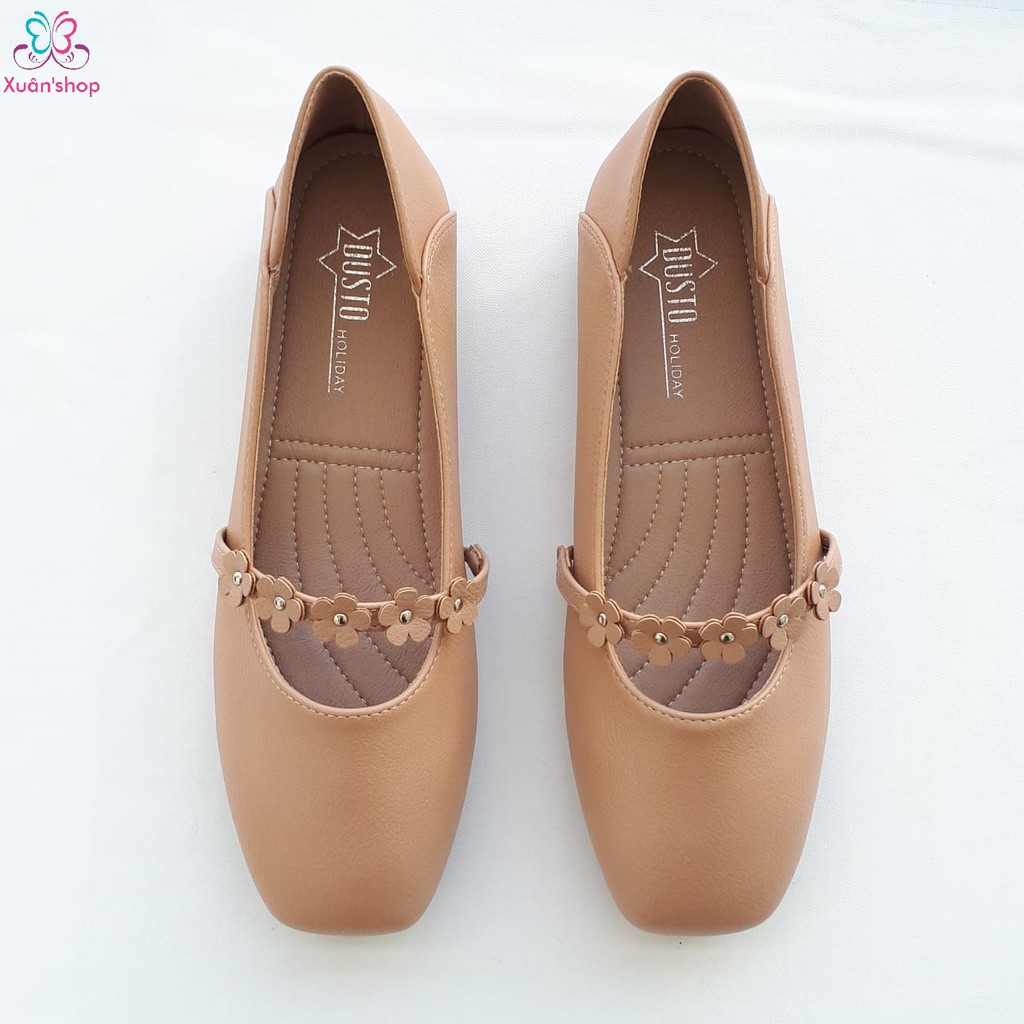 Giày búp bê DUSTO da mềm, mũi viền dây đính hoa, đế bệt 1cm