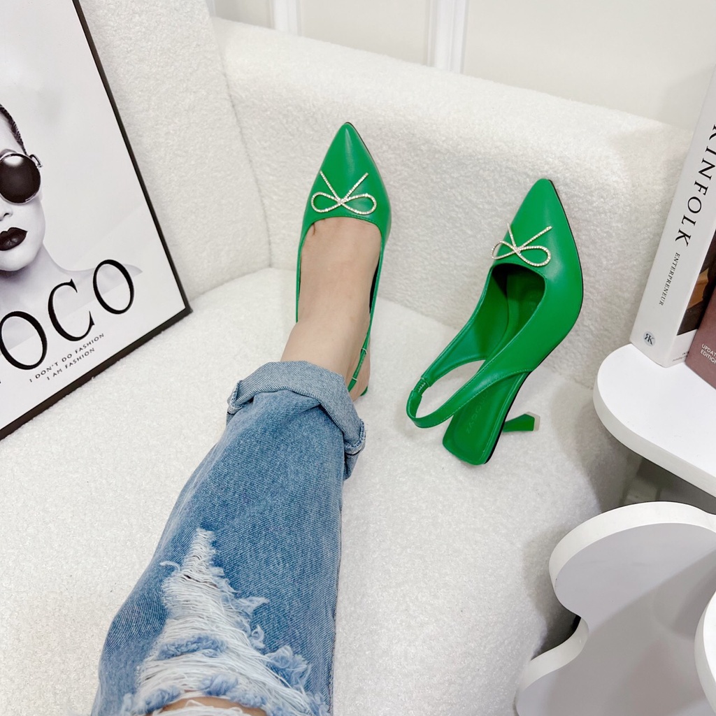 Sandal cao gót nữ 7p mũi nhọn bít bản nơ xoàn đá hàng cao cấp chất da đẹp xịn sò - Chị Chảnh Store