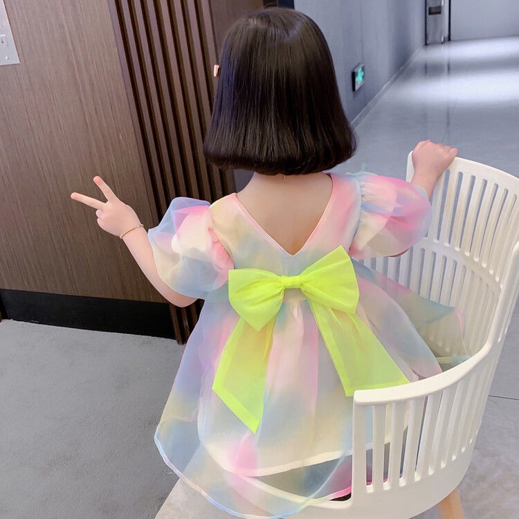 Đầm Công Chúa Tay Phồng Ngắn Thắt Nơ Màu Cầu Vồng Gradient Thời Trang Mùa Hè Hàn Quốc Hàng Mới Dành Cho Bé Gái 2023