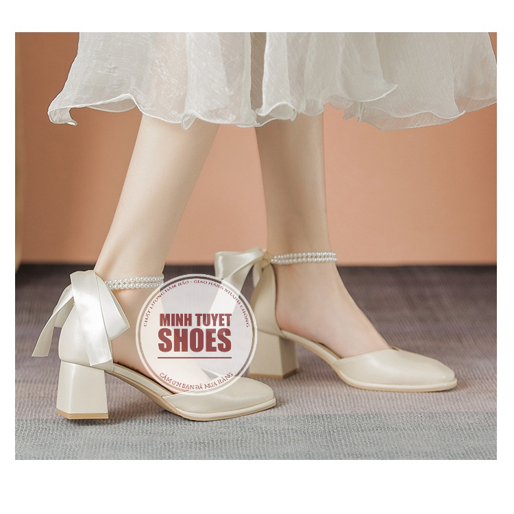 giày nữ minhtuyetshoes đế vuông FROM LỚN LÙI SIZE 5cm bít mũi chuỗi ngọc buộc dây mẫu mới mang đi chơi noel tết cực xinh