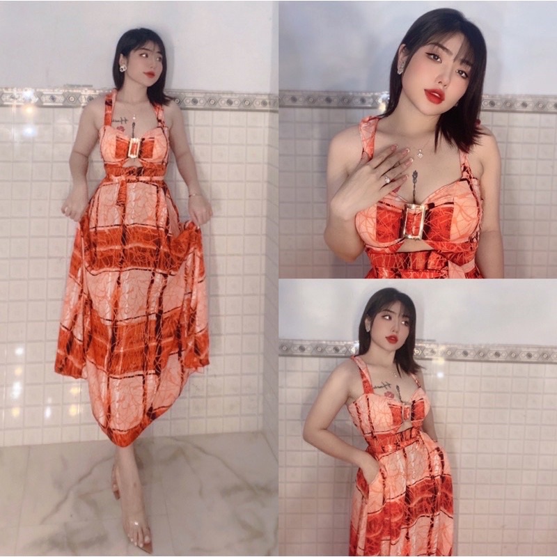 Đầm maxi hai dây bảng to khoen ngực khoét eo hoạ tiết, hoa, nhiều màu có túi hai bên hàng cao cấp
