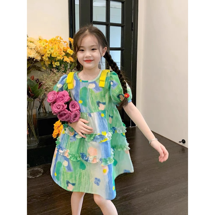 Váy hoa xanh nơ vàng cho bé gái 9-35kg size nhỡ G20