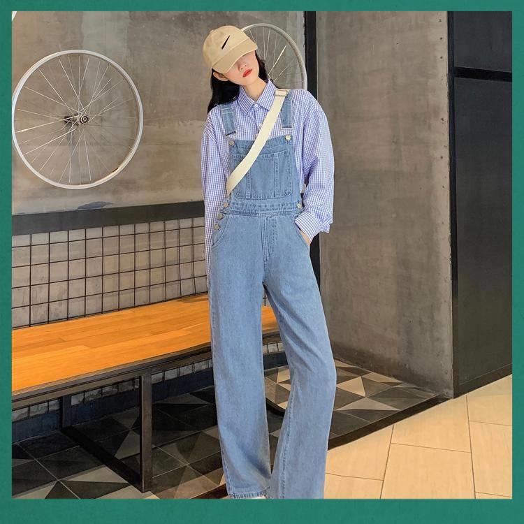 Jumpsuit Denim Lưng Cao Ống Rộng Thời Trang Xuân Thu Năm 2021 Phong Cách Hàn Quốc Mới
