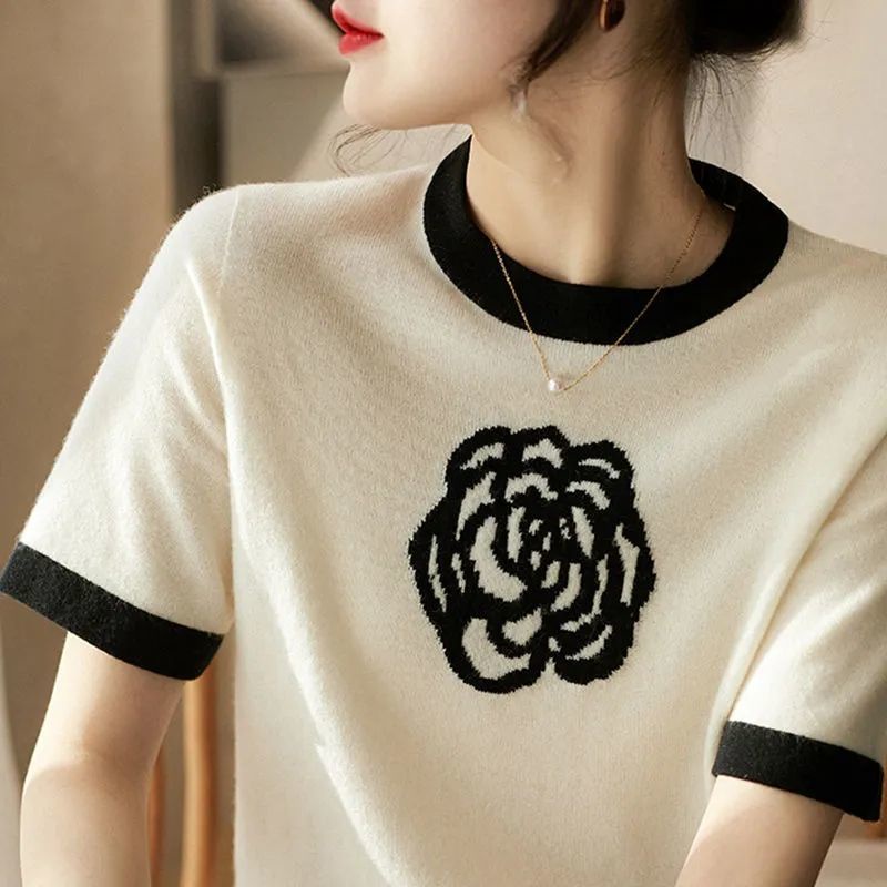 Áo IELGY dệt kim tay ngắn cổ tròn in hình phong cách thanh lịch thời trang cho nữ