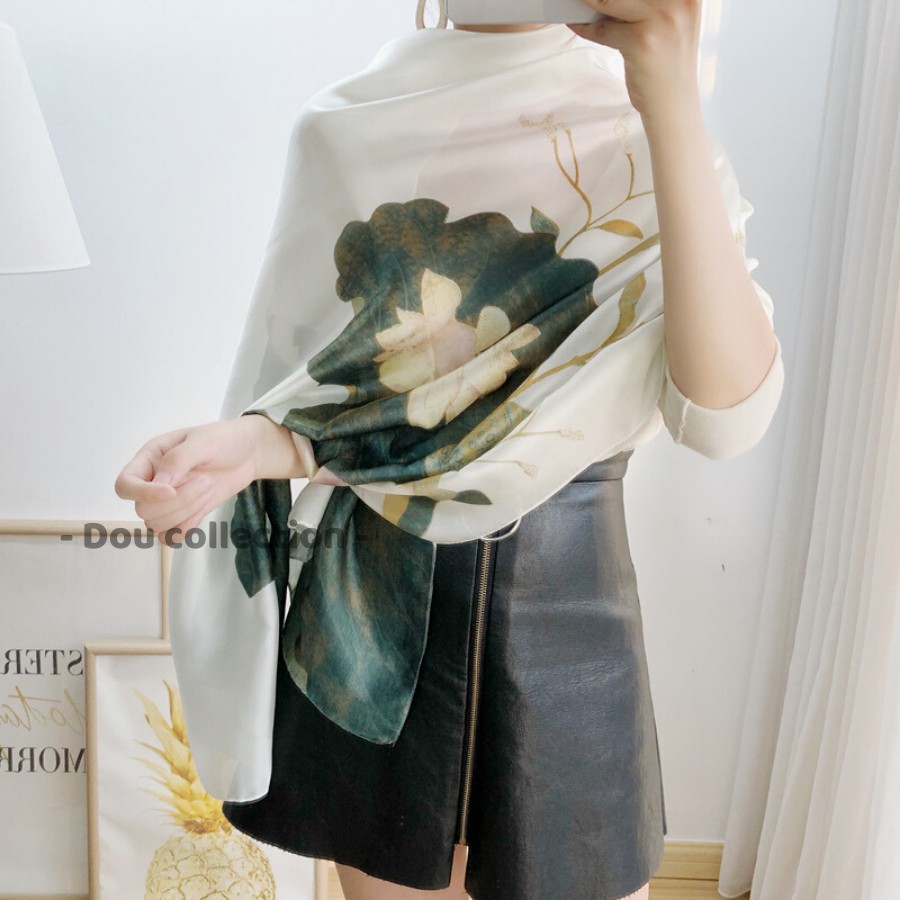 [Nowship2h] Khăn Choàng Quàng Cổ Lụa Cao Cấp Màu Trắng Xanh Đi Biển - Chất Liệu Silk - Size:90x190cm - Mã KS002