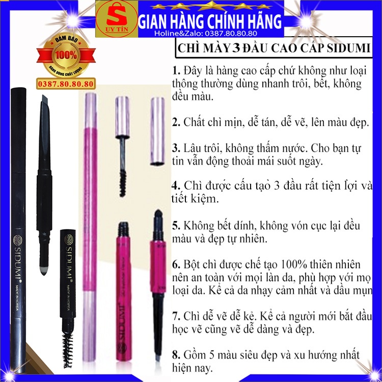 Bút chì kẻ lông mày chân mày 3 đầu phẩy sợi kiêm mascara loại tốt lâu trôi không thấm nước tốt Sidumi hàn quốc 3d 4d xịn