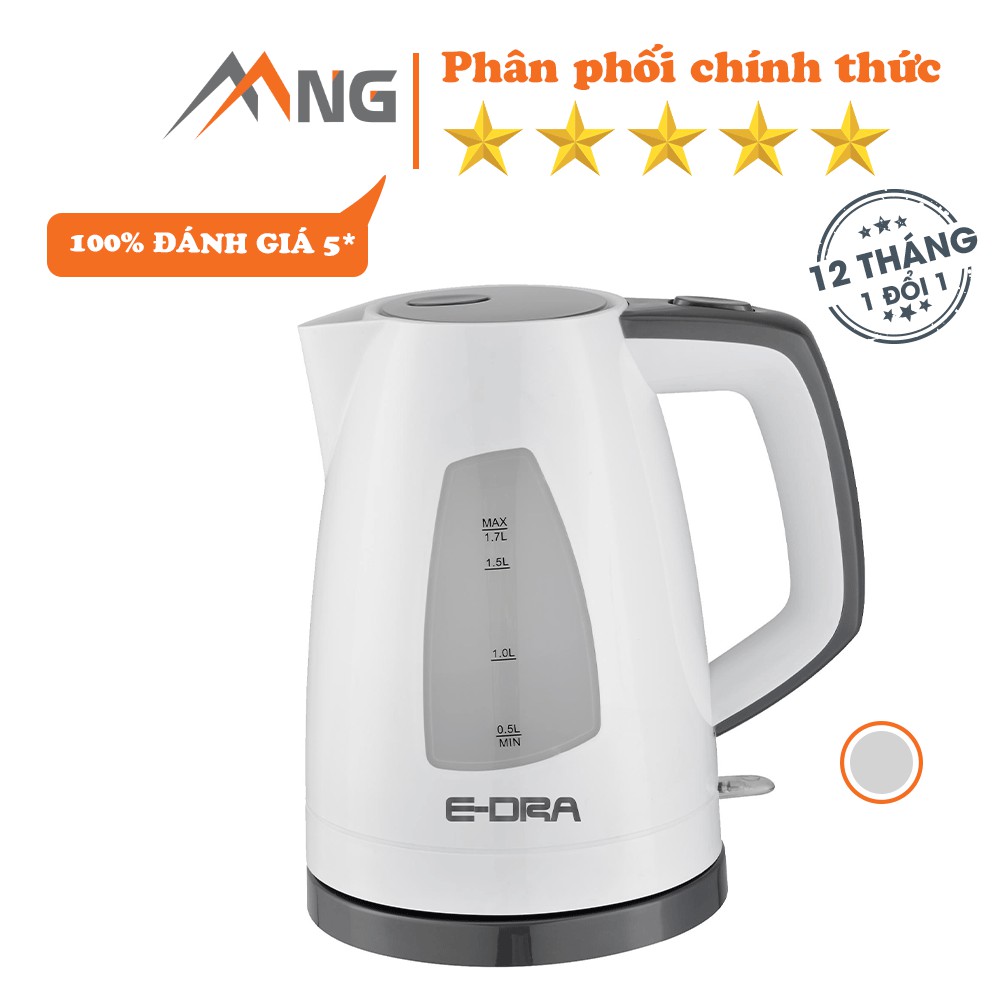 Ấm đun nước siêu tốc EDra - EK1704L dung tích 1,7 lít màu trắng đế xoay không dây, hàng chính hãng bảo hành 24 tháng