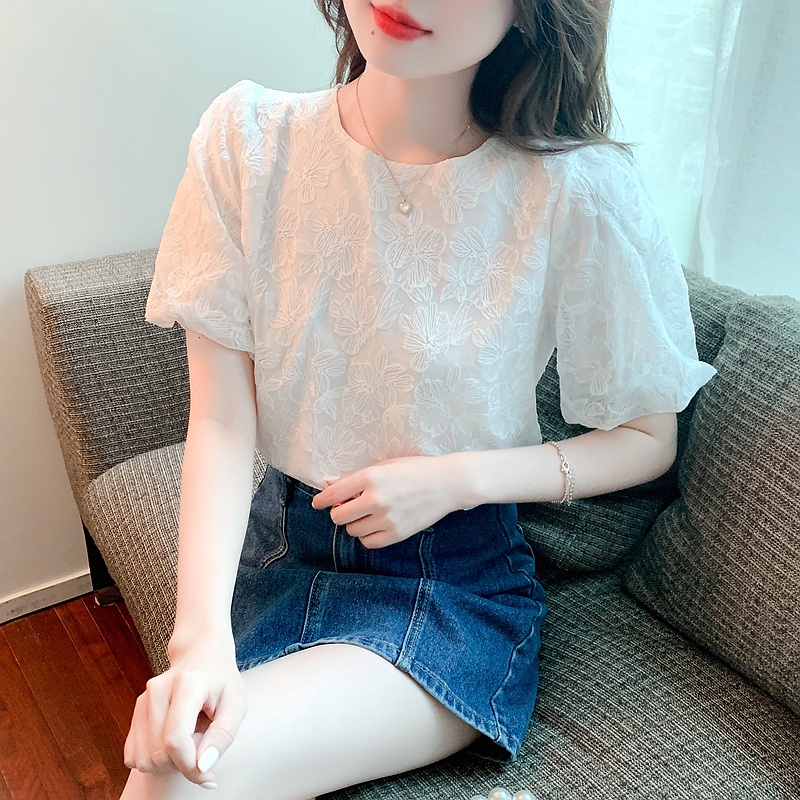 Áo Sơ Mi Tay Ngắn Phồng Phối Ren Màu Trắng Kiểu Hàn Quốc Thời Trang Mùa Hè Xinh Xắn Cho Nữ