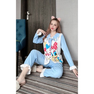 Đồ bộ pijama tay dài vải kate lụa phối bèo,freesize dưới 58kg