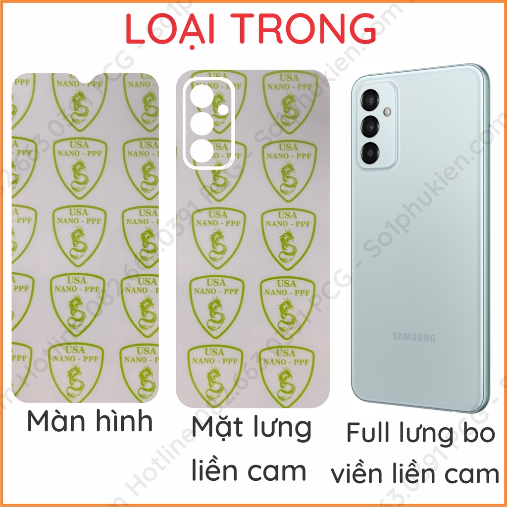 Dán PPF Samsung M23 / M13 / M13 5G loại trong, nhám dành cho màn hình, mặt lưng liền cam, full lưng bo viền liền cam