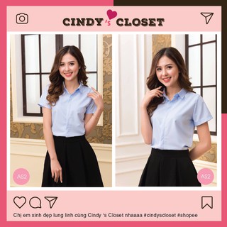 Áo sơ mi nữ công sở tay ngắn xanh nhạt chất liệu cotton lụa không nhăn
