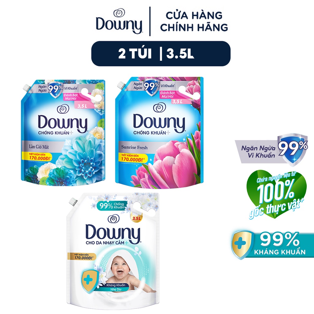 Combo 2 Nước Xả Vải DOWNY Làn Gió Mát 3.5L/ Hương Nắng Mai 3.5L/ Kháng Khuẩn Dịu Nhẹ 3.5L