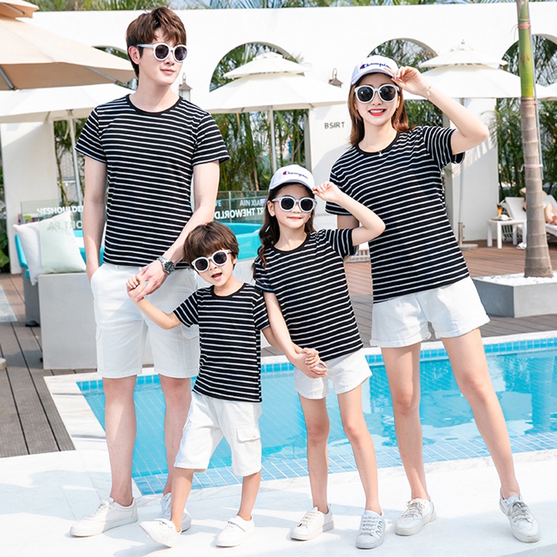 Summer Short-sleeved Family of Four Family-friendly Stripe Round Neck Loose T-shirt