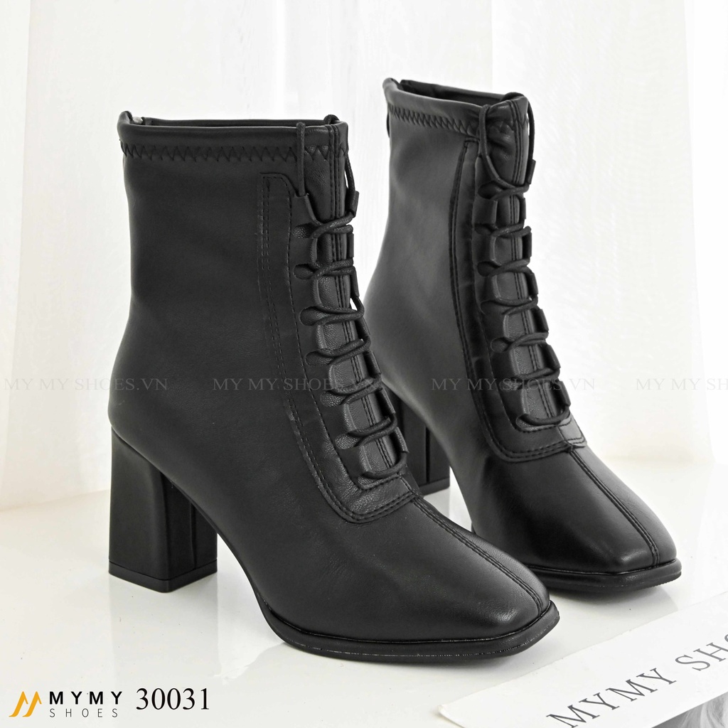30031  Boot da lì buộc dây mũi vuông khóa sau gót vuông 7p | BigBuy360 - bigbuy360.vn