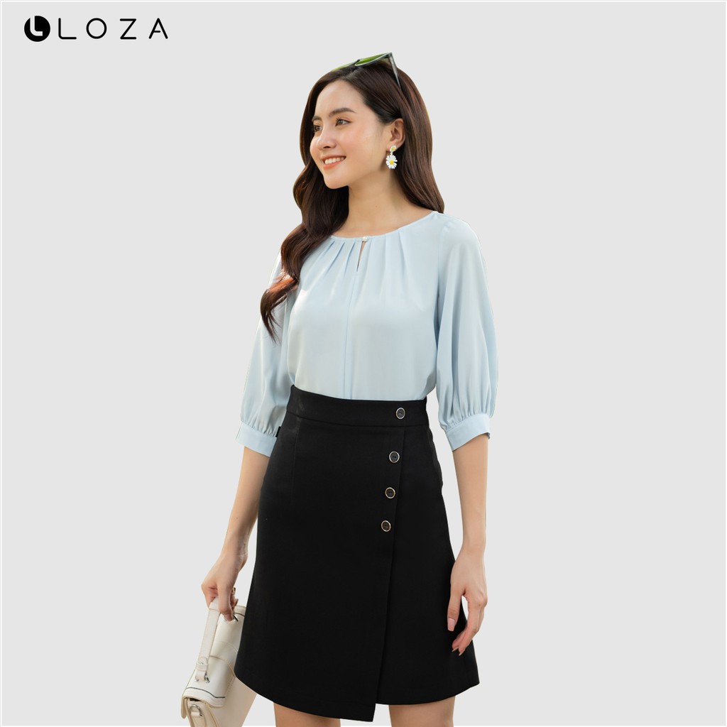 [Mã FASHIONMALLT4 giảm 15% đơn 150k] Áo sơ mi nữ LOZA tay lửng cổ nhún đính ngọc - LS1380