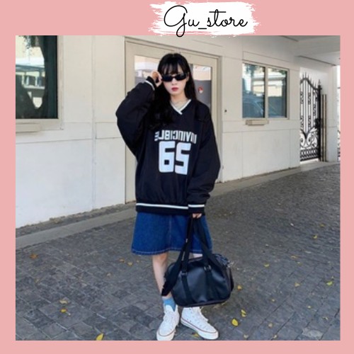 Ảnh thật Ở Cuối Áo Sweater Nam Nữ Form Rộng Nỉ 65 Cổ V Dài Tay Áo Thun Nam Nữ Nỉ Ngoại In Chữ Dáng Rộng 2 Màu GuStore540